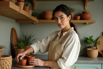 Femme aménageant une cuisine cosy avec des objets décoratifs en céramique et des herbes aromatiques sur des étagères en bois