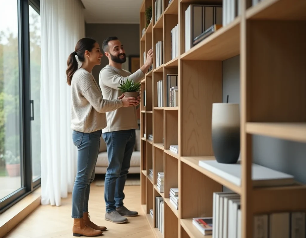 Couple aménageant un salon scandinave avec une bibliothèque modulable, plantes et livres dans une ambiance chaleureuse