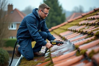 Professionnel utilisant un nettoyeur haute pression Karcher sur une toiture en tuiles recouvertes de mousse