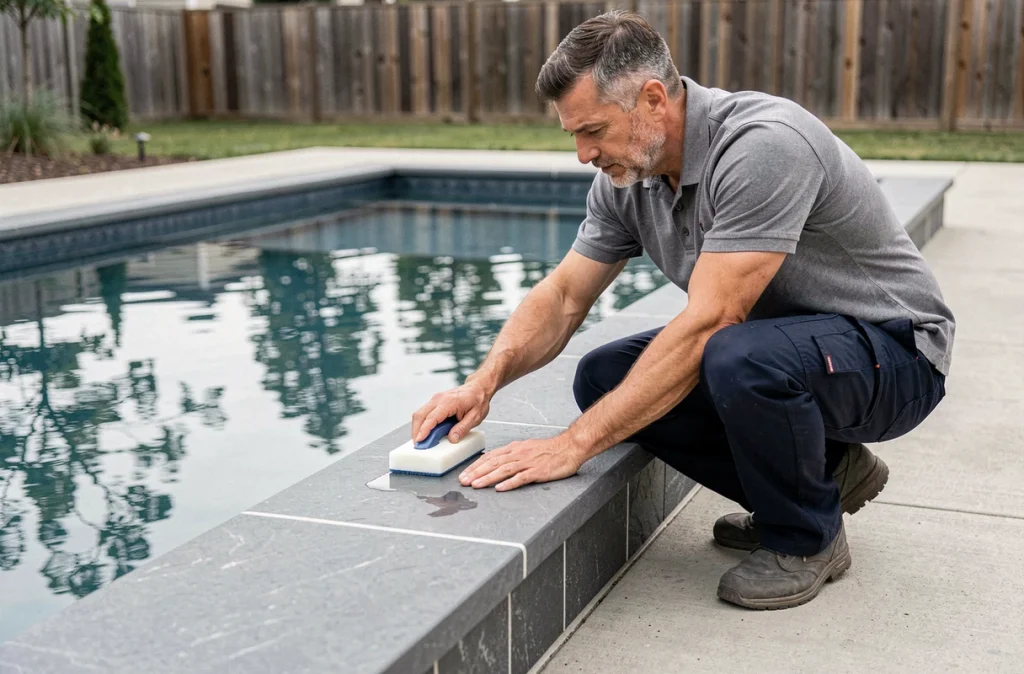 Homme appliquant un produit protecteur sur les margelles composites d'une piscine moderne