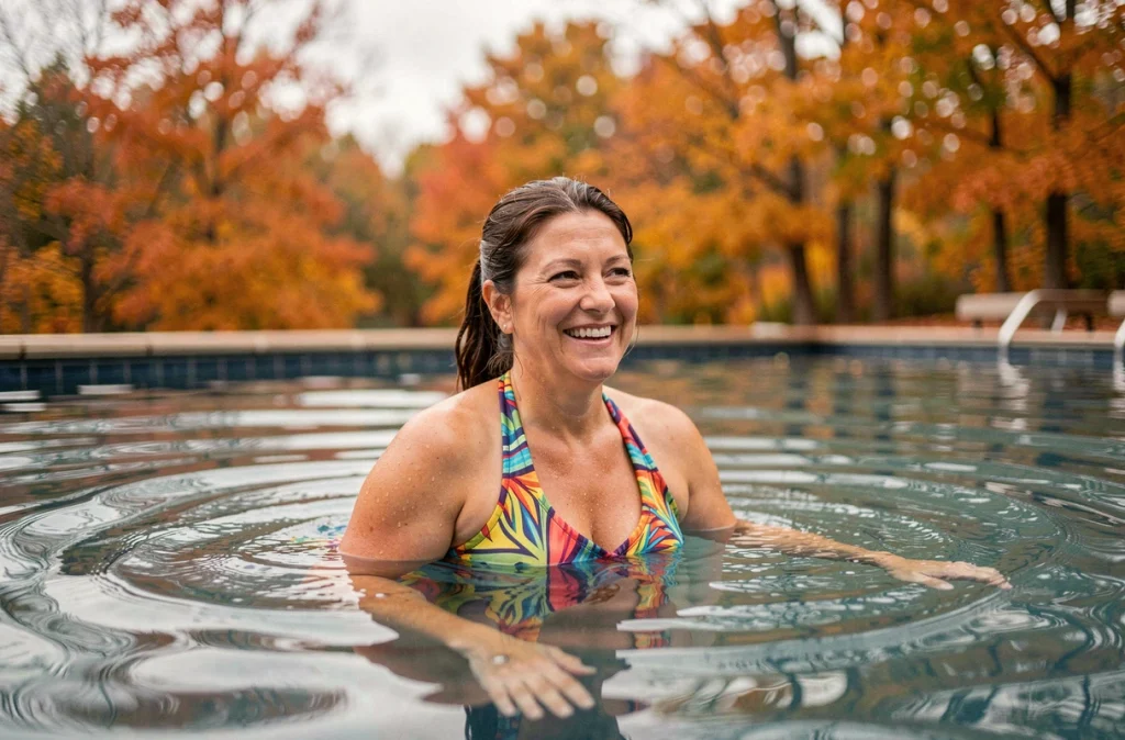 Femme nageant dans une piscine chauffée en automne entourée de feuillages colorés grâce à une pompe à chaleur