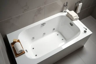 Baignoire rectangulaire balnéo encastrée dans une salle de bains compacte avec carrelage gris et accessoires en bois