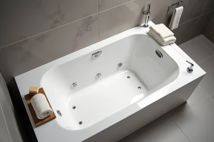 Baignoire rectangulaire balnéo encastrée dans une salle de bains compacte avec carrelage gris et accessoires en bois