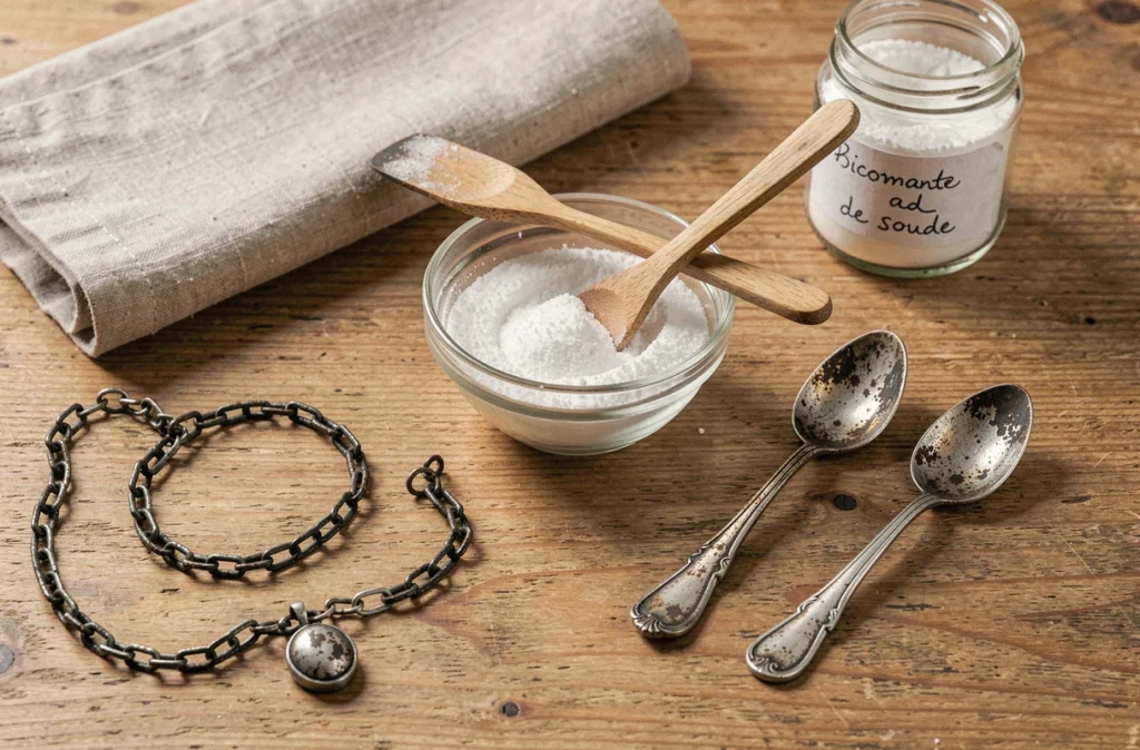 Bijoux en argent oxydés disposés sur une table en bois avec un bol de bicarbonate de soude pour le nettoyage