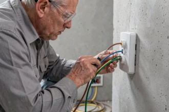 Électricien connectant trois fils colorés (phase, neutre, terre) à une prise murale lors d'une rénovation intérieure