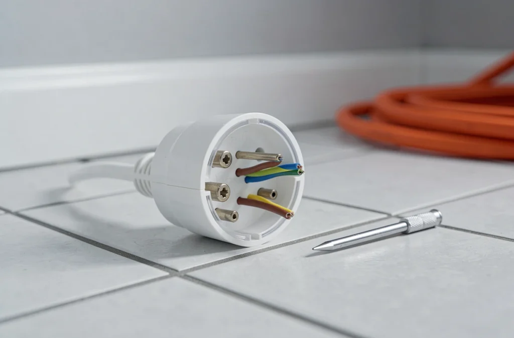 Prise de rallonge électrique démontée révélant le câblage trois fils avec phase neutre et terre identifiés par couleur
