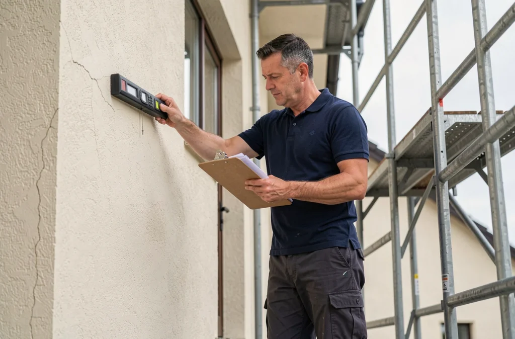 Technicien mesurant la surface en m2 d'une façade enduite depuis un échafaudage avec un télémètre laser et un presse-papiers