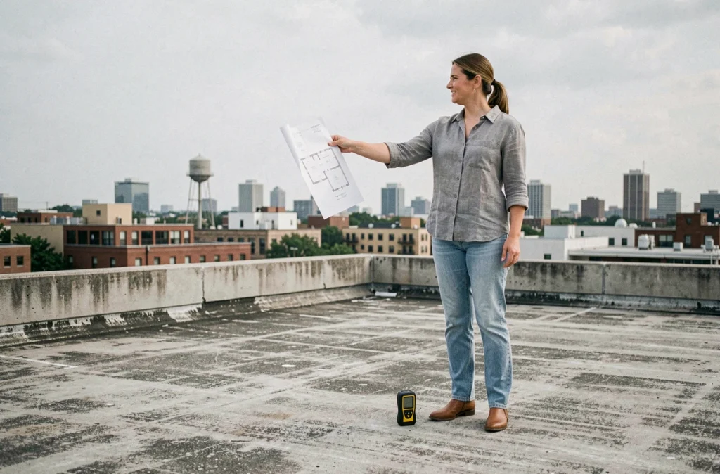 Femme calculant la superficie en m2 d'une terrasse plate en béton avec un plan architectural et un télémètre laser en milieu urbain