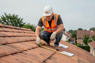 Couvreur professionnel mesurant la surface en m2 d'une toiture en tuiles avec un mètre ruban sur une maison individuelle