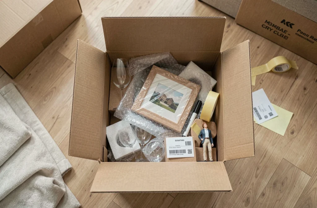 Vue aérienne d'un carton de déménagement organisé avec des objets fragiles emballés et des matériaux de protection