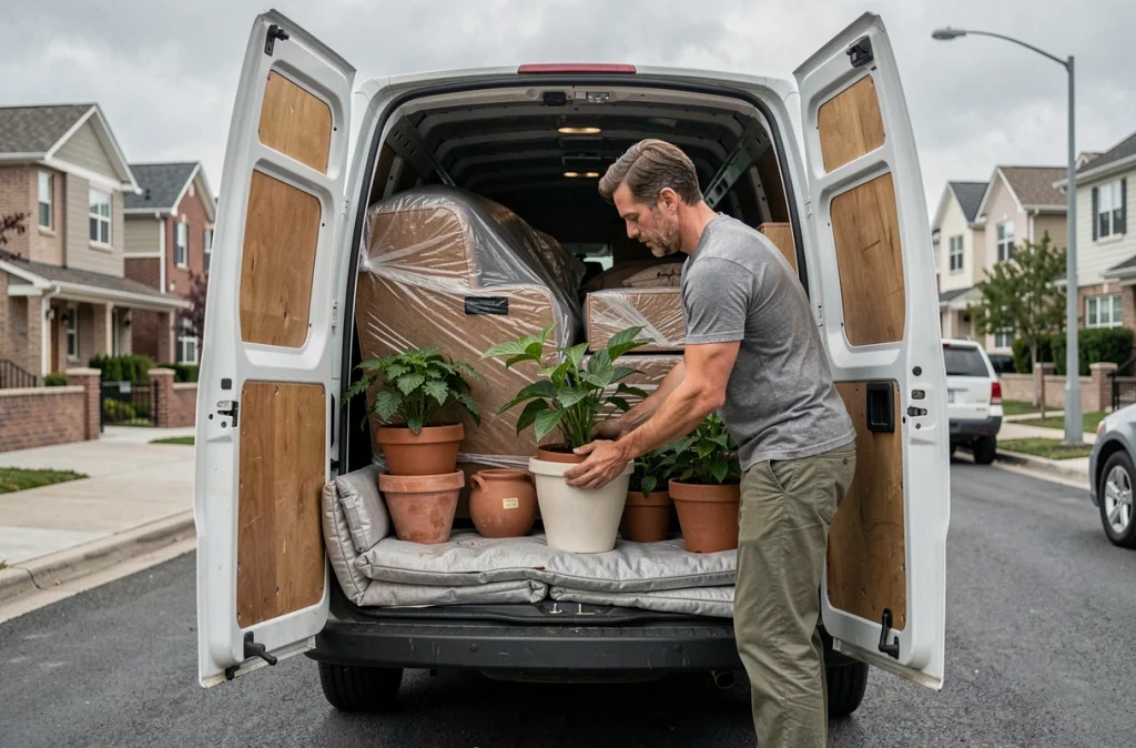 Homme chargeant des plantes en pot dans un camion de déménagement
