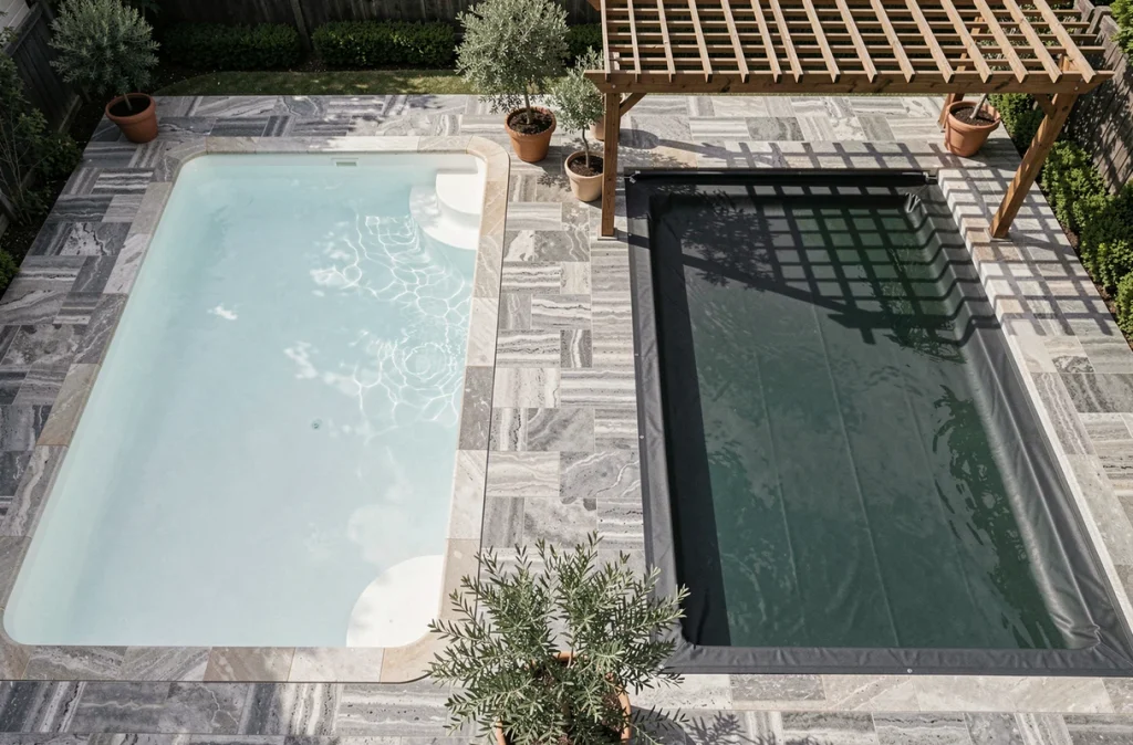Vue aérienne de deux piscines côte à côte avec des revêtements blanc et anthracite montrant l'influence sur la couleur de l'eau