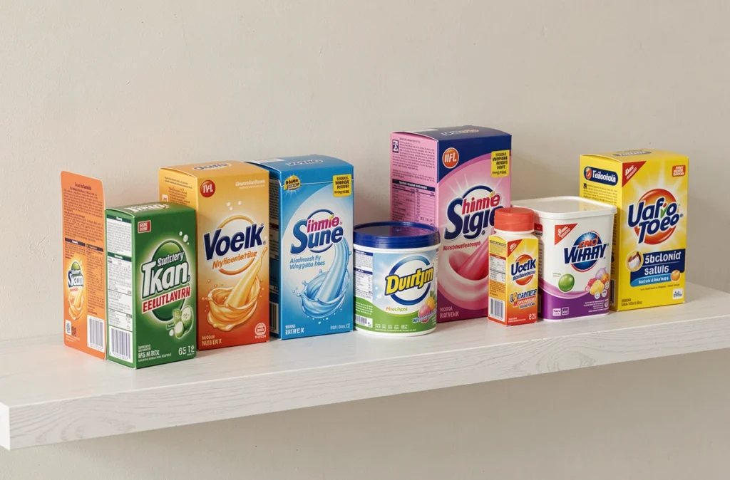 Comparatif de plusieurs boîtes de lessive en poudre de grandes marques alignées sur une étagère blanche pour un classement 2026