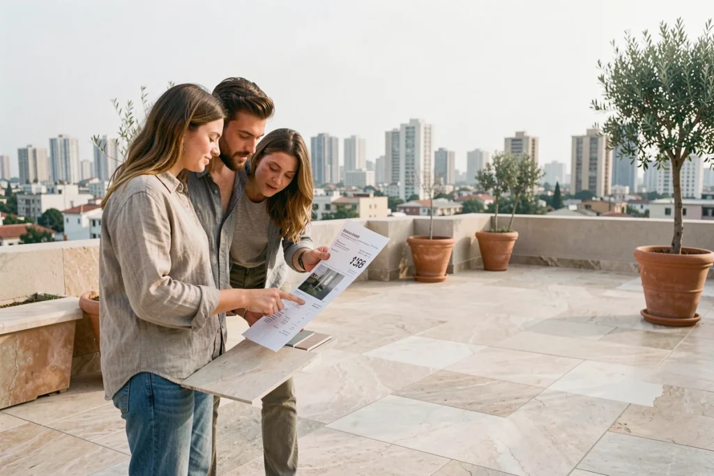 Couple comparant des échantillons de carrelage et devis pour l'aménagement d'une terrasse en 2026