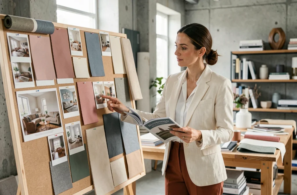 Décoratrice d'intérieur présentant un tableau d'ambiance avec échantillons de tissu et nuanciers de couleurs dans un studio de design professionnel