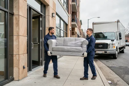 Deux déménageurs professionnels en uniforme transportant un canapé emballé vers un camion de déménagement devant un immeuble moderne
