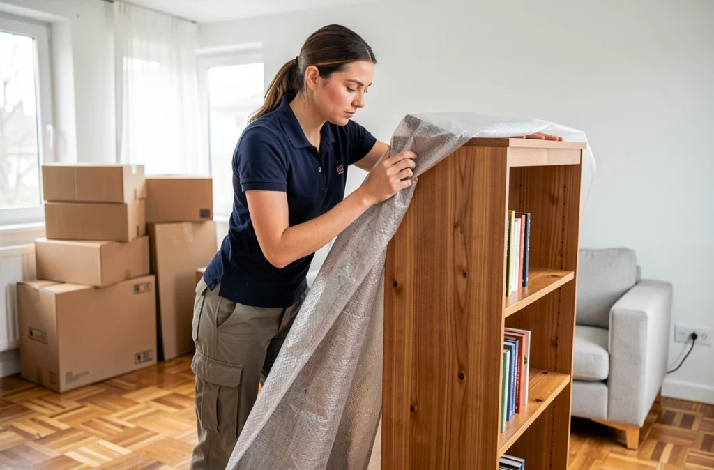 Déménageuse professionnelle emballant une bibliothèque en bois avec des couvertures de protection dans un appartement en cours de déménagement