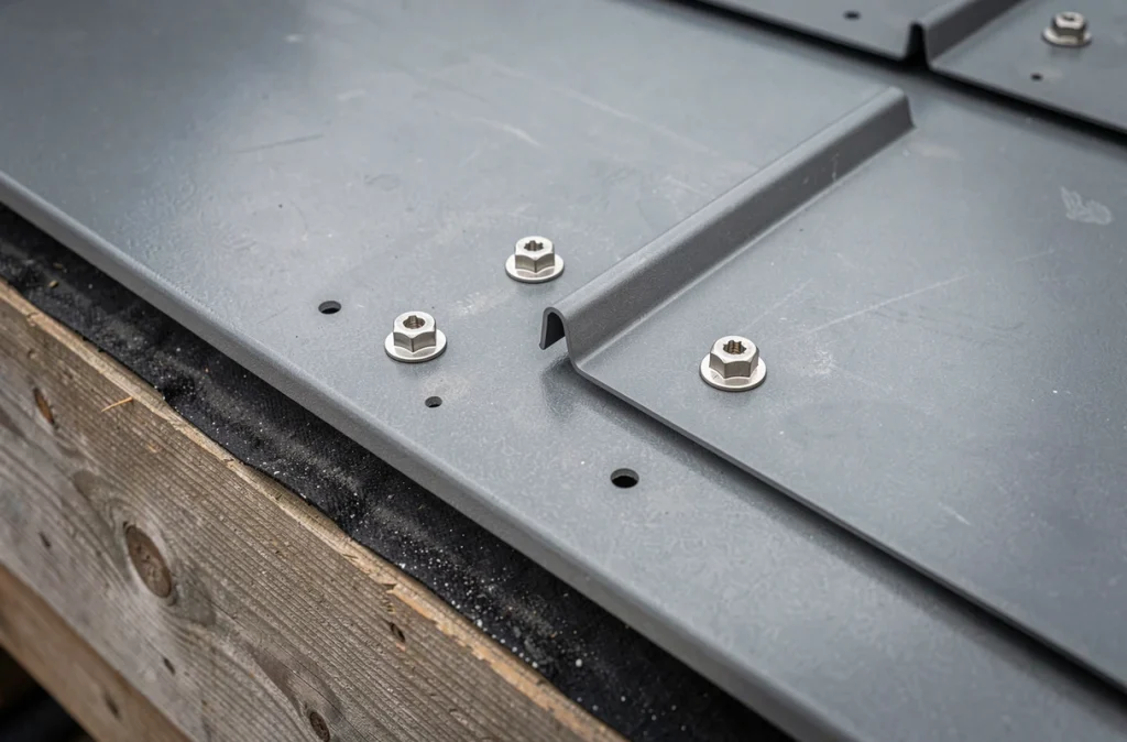 Détail des panneaux de bac acier imitation zinc avec fixations inox et joints d'emboîtement sur toiture