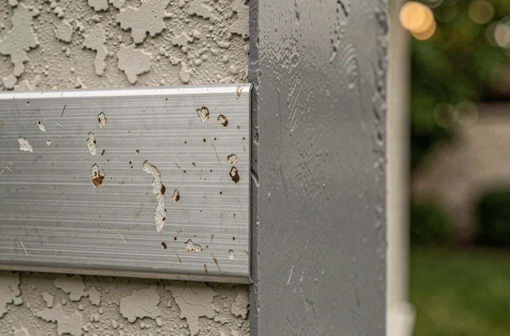 Détail comparatif d'une cornière aluminium extérieure brute et peinte en gris mat, montrant la texture de surface