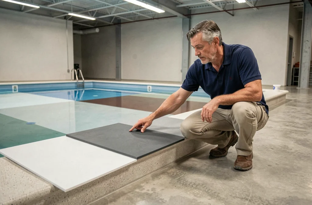Installateur de piscine présentant des échantillons de revêtements de différentes couleurs et leur impact sur la teinte de l'eau
