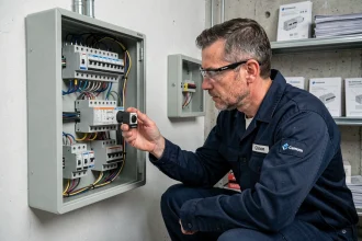 Électricien inspectant un contacteur jour nuit dans un tableau électrique domestique