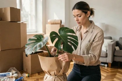 Femme emballant une plante monstera dans du papier kraft avant un déménagement