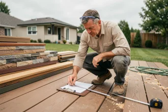 Entrepreneur en bâtiment mesurant une terrasse en composite bois pour estimer le prix au m2
