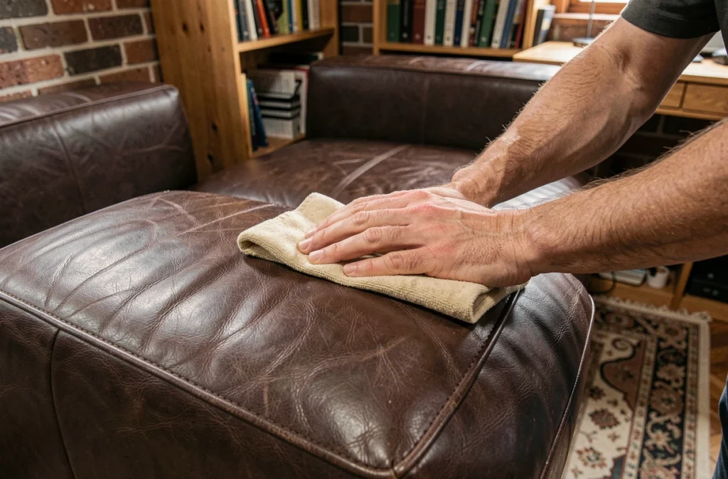 Gros plan de mains masculines faisant briller un canapé en cuir marron foncé avec une peau de chamois dans un bureau cosy