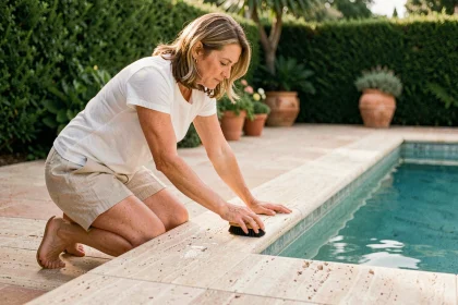 Femme entretenant les margelles en travertin d'une piscine avec une brosse dans un jardin méditerranéen