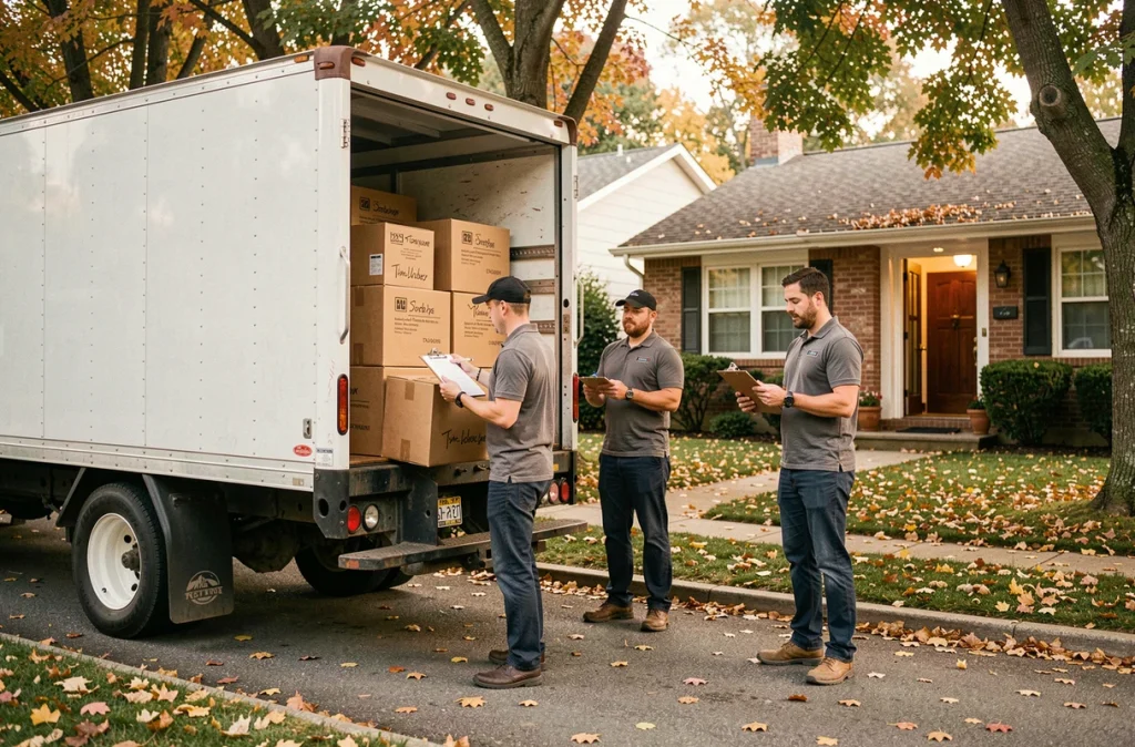 Équipe de trois déménageurs professionnels déchargeant des cartons étiquetés d'un camion devant une maison individuelle en banlieue