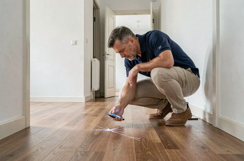 Homme photographiant une rayure sur le parquet lors d'un état des lieux de sortie d'appartement