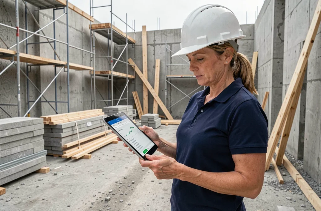 Femme cheffe de chantier consultant un outil de gestion budgétaire sur tablette au milieu d'un site de construction