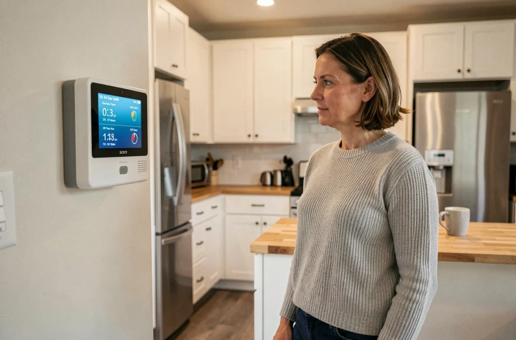 Femme vérifiant son compteur électrique double tarif jour nuit dans une cuisine moderne