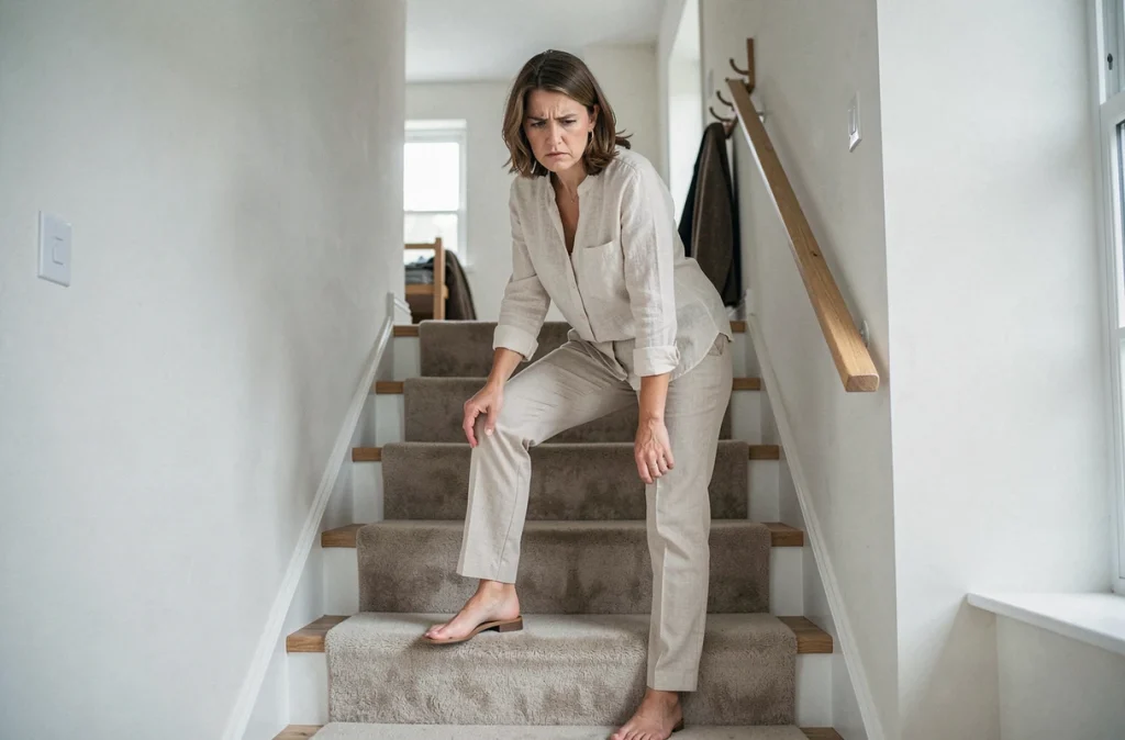 Femme testant une marche d'escalier moquetté qui recommence à grincer après application de WD-40