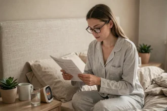 Femme en pyjama gris lisant le mode d'emploi d'un réveil lumineux posé sur sa table de chevet