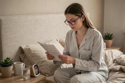 Femme en pyjama gris lisant le mode d'emploi d'un réveil lumineux posé sur sa table de chevet