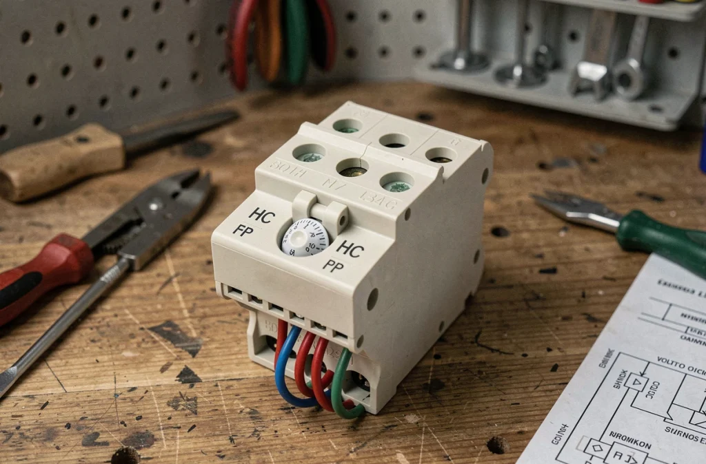 Gros plan d'un contacteur jour nuit avec bornes et câblage sur un établi d'atelier