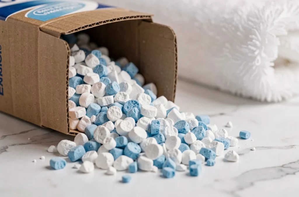 Gros plan sur des granules de lessive en poudre renversés sur une surface en marbre blanc avec une serviette propre en arrière-plan