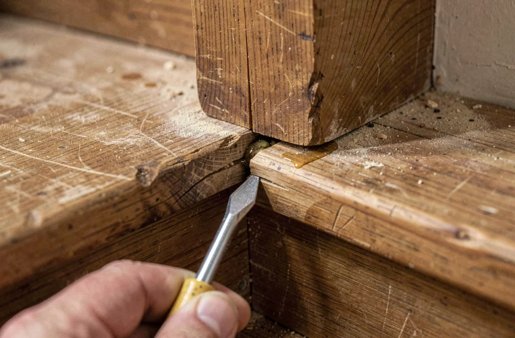 Gros plan sur le joint d'une marche d'escalier en bois grinçante avec résidu de lubrifiant et tentative de réparation