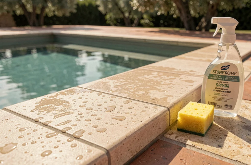 Gros plan sur des margelles en pierre naturelle nettoyées en bord de piscine avec accessoires d'entretien