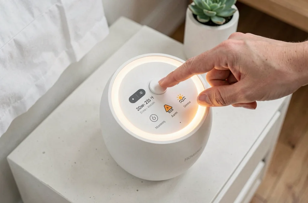 Gros plan d'une main réglant un réveil lumineux blanc posé sur une table de chevet minimaliste