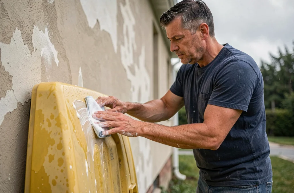 Homme appliquant du bicarbonate sur un coffre de rangement extérieur en plastique jauni après la pluie