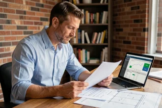 Homme consultant un budget de travaux sur ordinateur portable avec des documents imprimés sur un bureau en bois