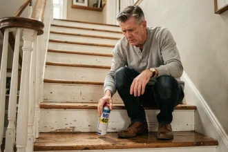 Homme vaporisant du WD-40 sur les marches en bois d'un escalier qui grince dans une maison ancienne