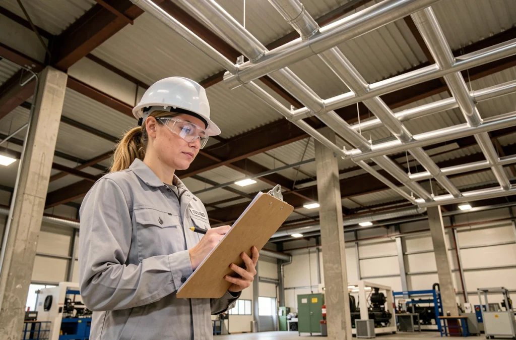 Ingénieure supervisant une installation de tubing aluminium anodisé en usine
