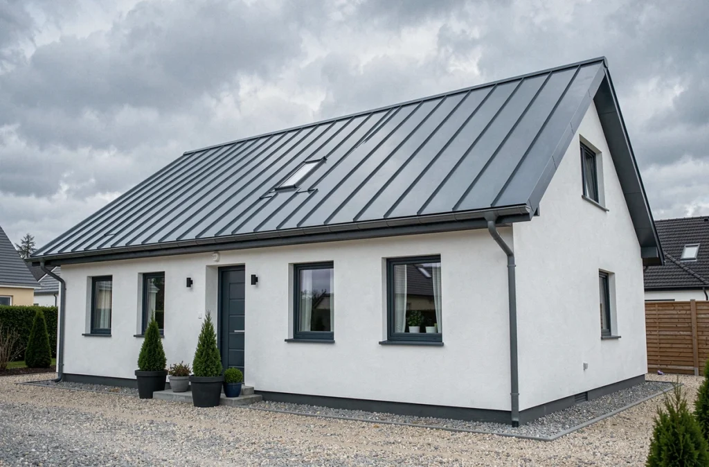 Maison rénovée avec toiture complète en bac acier imitation zinc mat vue de la rue