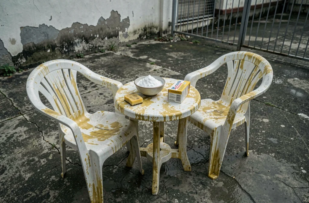Chaises et table de jardin en plastique jauni avec pâte de bicarbonate prête à l'emploi pour blanchiment