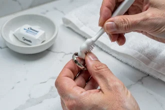 Nettoyage d'une bague en argent noircie avec une brosse à dents et du dentifrice blanc sur un plan de travail en marbre