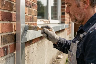 Artisan peignant une cornière aluminium extérieure avec une brosse et une primaire métallique sur une façade en brique