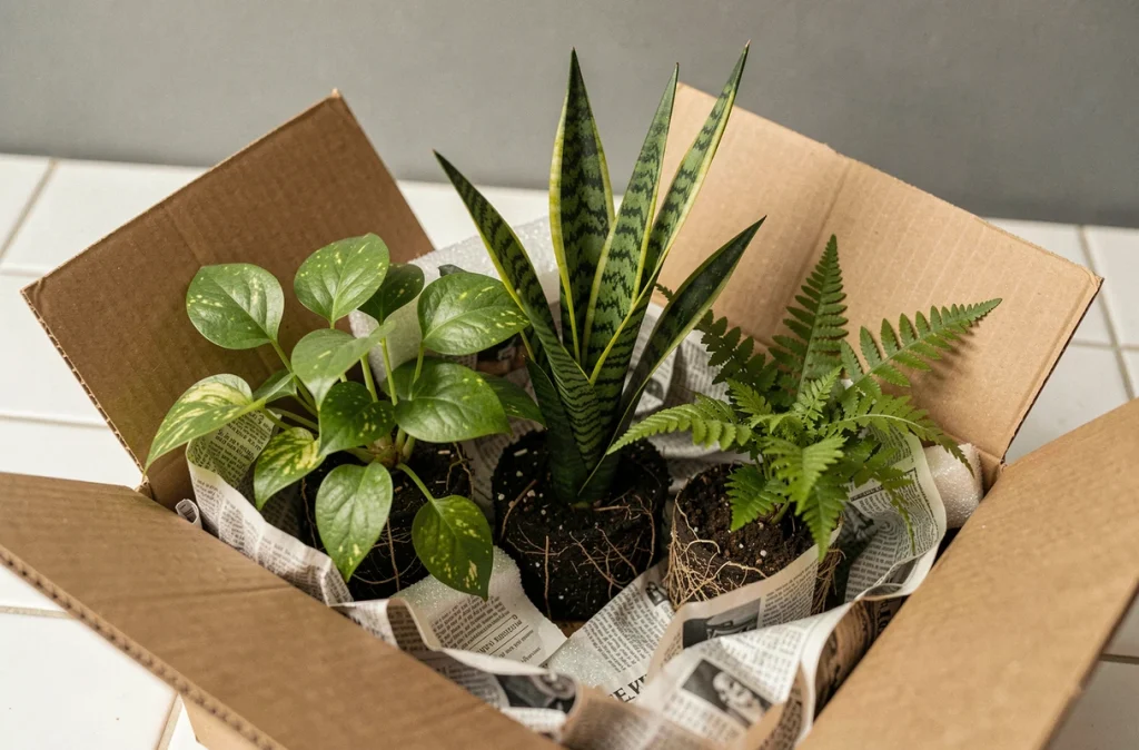 Plantes vertes emballées dans un carton avec du papier journal pour un déménagement